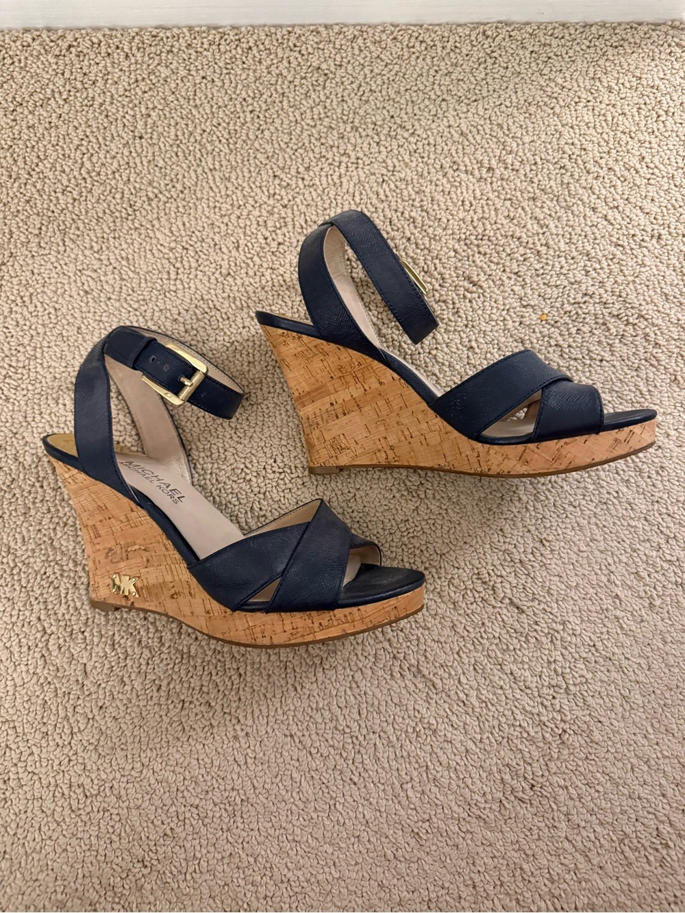 Michael Kors Navy Leather Wedge Sandals with Cork Heel - Picture 4 of 7